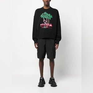 Palm Angels Black Crewneck Sweatshirt Flamingo and Palm Graphic